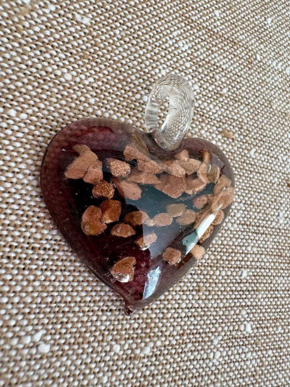 Vintage Murano Glass Puffy Heart Pendant Copper Aventurine Gold Italian Charm - Picture 11 of 12